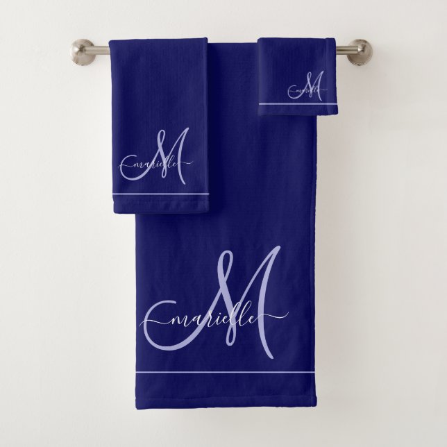 Elegant Monogram Initial Navy Blue Badhandtuch Set (Insitu)