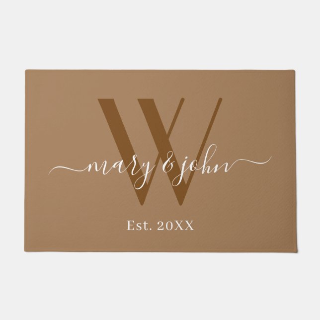 Elegant Monogram Khaki Names Script Wedding Fußmatte (Vorderseite)