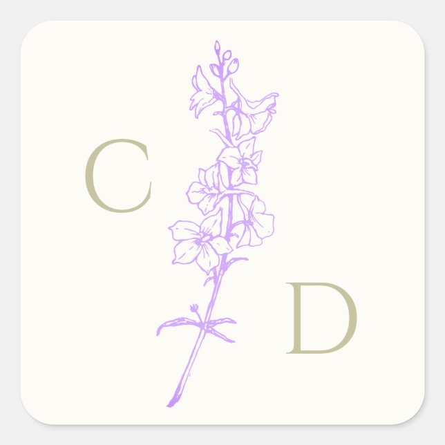 Elegant Monogram Lavender Larkspur Floral Quadratischer Aufkleber (Vorderseite)
