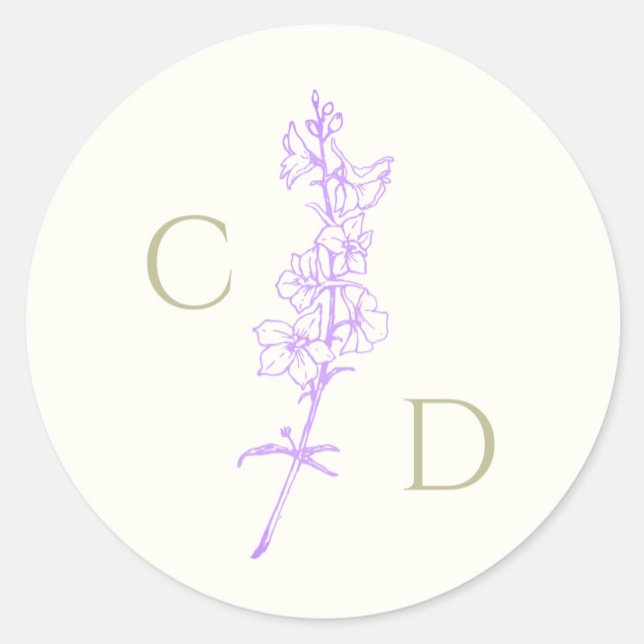 Elegant Monogram Lavender Larkspur Floral Runder Aufkleber (Von Creator hochgeladen)