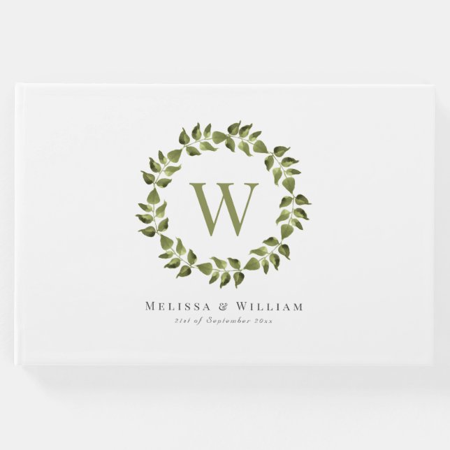 Elegant Monogram Leaf Wreath Greenerenerity Weddin Gästebuch (Vorderseite)