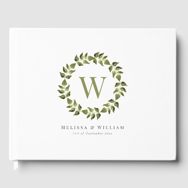 Elegant Monogram Leaf Wreath Greenerenerity Weddin Gästebuch (Vorderseite)