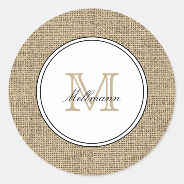 Elegant Monogram Name Country Chic Style Burlap Runder Aufkleber (Vorderseite)
