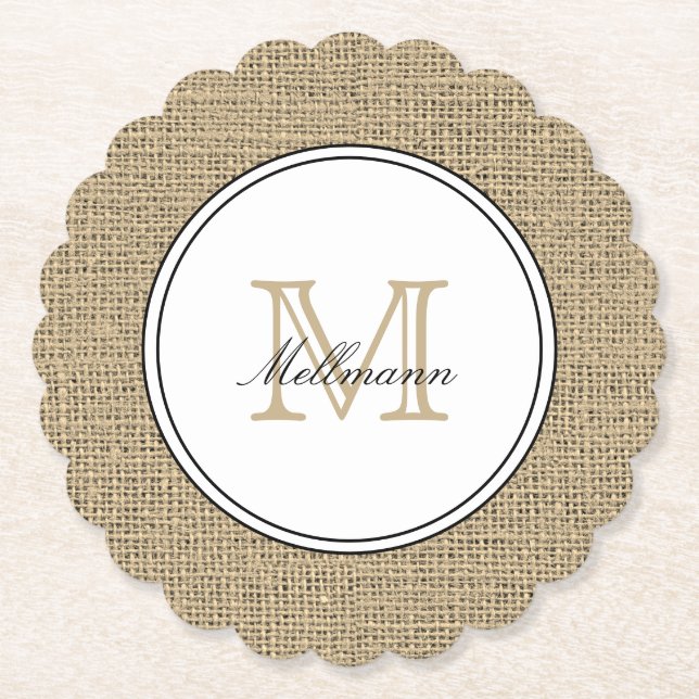 Elegant Monogram Name Country Chic Style Burlap Untersetzer (Vorderseite)