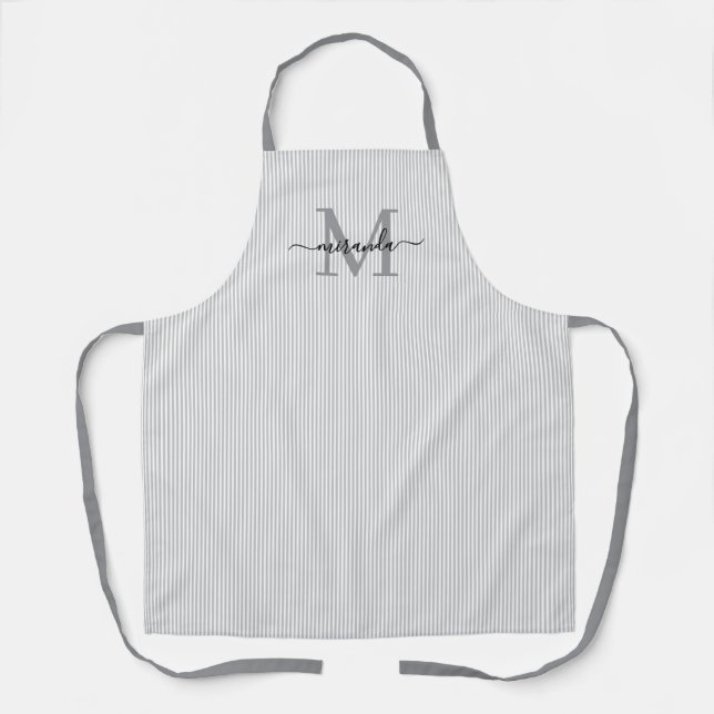 Elegant Monogram Name Gray Stripe Schürze (Vorderseite)