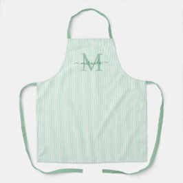 Elegant Monogram Name Green Stripe Schürze