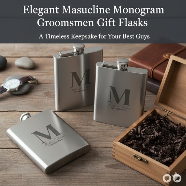 Elegant Monogram & Name Groomsmen Gift Flask Flachmann (Elegant Masculine Monogram Groomsmen Gift Flask)