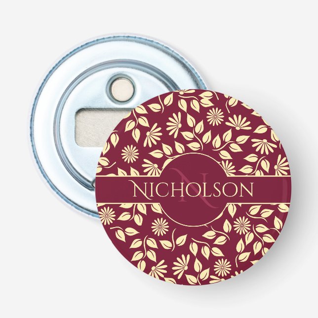 Elegant Monogram Name Leaf Daisy Pattern Burgundy Flaschenöffner (Vorderseite)