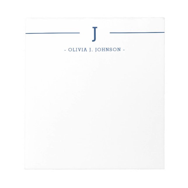 Elegant Monogram Name Navy White Notepad Notizblock (Vorderseite)