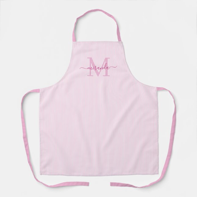 Elegant Monogram Name Pink Stripe Schürze (Vorderseite)