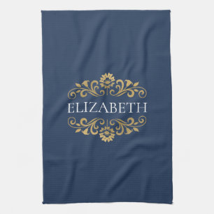 Elegant Monogram Navy Blue Gold Geschirrtuch