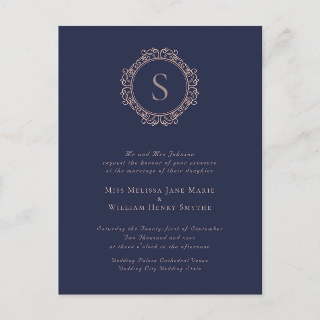 Elegant Monogram Navy Wedding Einladung Postkarte (Vorderseite)