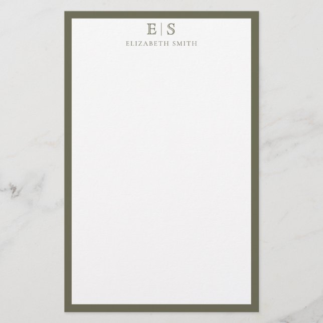 Elegant Monogram Olive Green Border Briefpapier (Vorderseite)