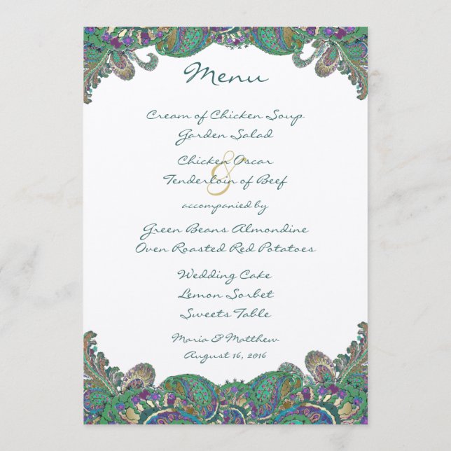 Elegant Monogram Paisley Peacock Colors Wedding Menükarte (Rückseite)