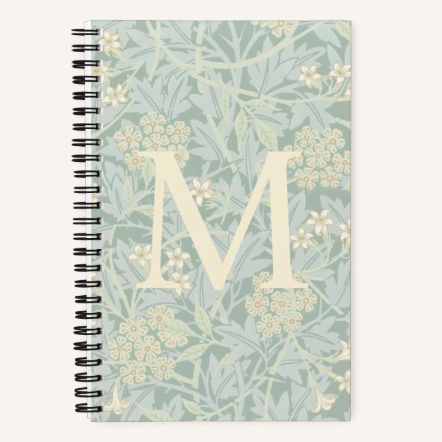 Elegant Monogram Pastel Green Jasmine Floral Notizbuch (Vorderseite)