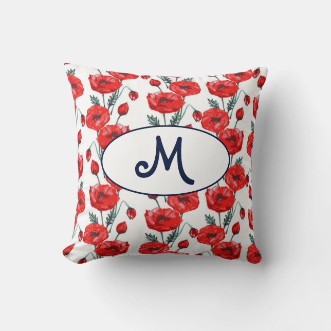 Elegant monogram pattern with red poppy flowers kissen (Vorderseite)