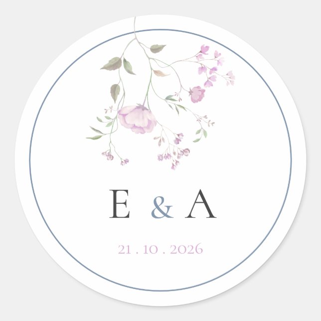 Elegant Monogram Pink & Blue Floral Wedding  Runder Aufkleber (Vorderseite)