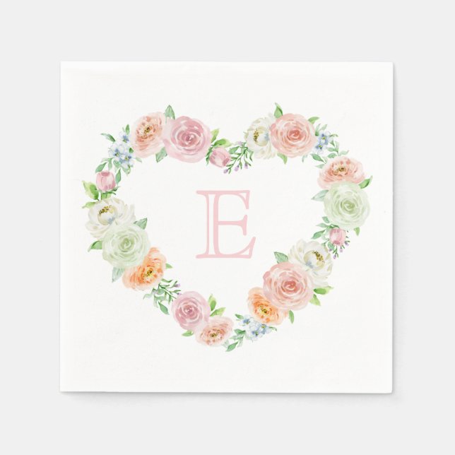 Elegant Monogram Pink Floral Heart Wedding Serviette (Vorderseite)