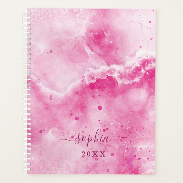 Elegant Monogram Pink Marble Girly Glam 2025 Planer (Vorderseite)