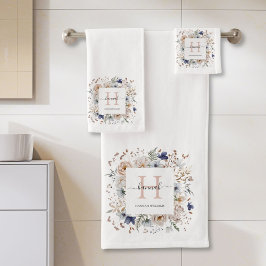 Elegant Monogram Pretty Beige Blue Flowers Floral  Badhandtuch Set