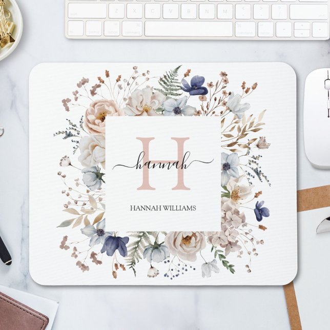 Elegant Monogram Pretty Beige Blue Flowers Floral Mousepad (In situ)