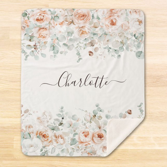 Elegant Monogram Rustikale Rose Blumengrün Sherpadecke (In situ)