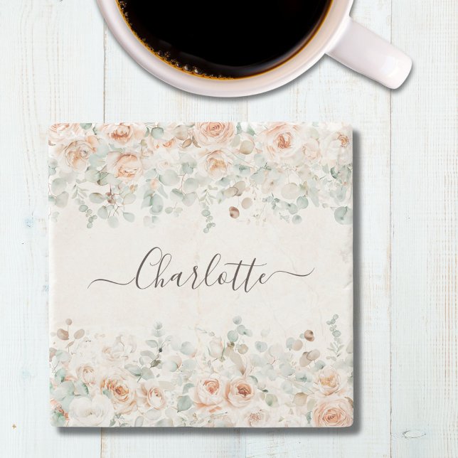 Elegant Monogram Rustikale Rose Blumengrün Steinuntersetzer (In situ)