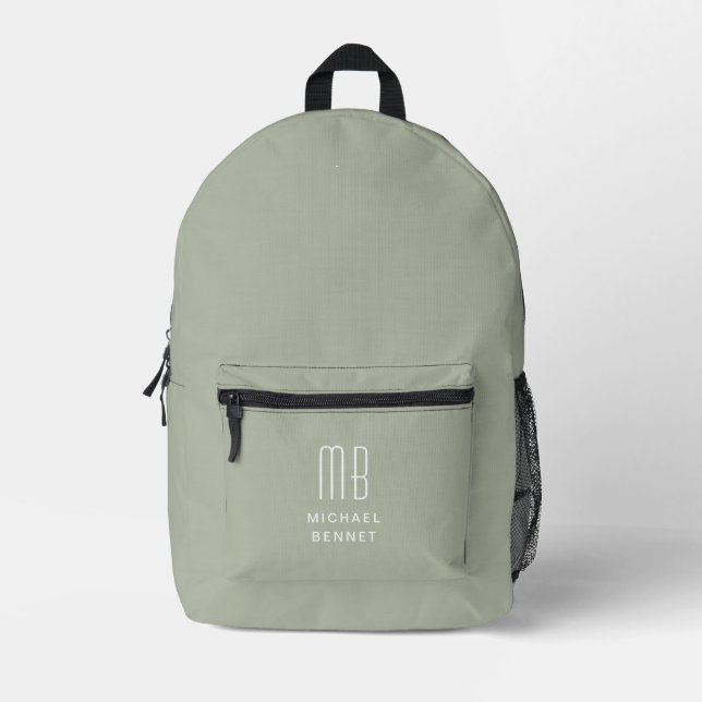 Elegant Monogram Sage Green Bedruckter Rucksack (Vorderseite)