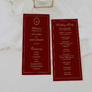 Elegant Monogram Script Wine Red Wedding Ceremony Programm