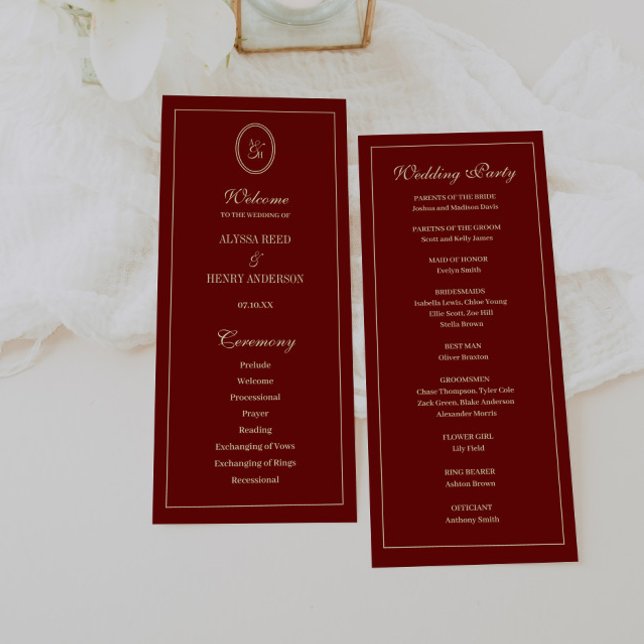Elegant Monogram Script Wine Red Wedding Ceremony Programm (Von Creator hochgeladen)