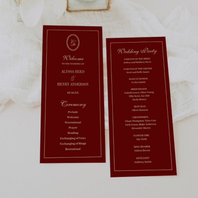 Elegant Monogram Script Wine Red Wedding Ceremony Programm (Von Creator hochgeladen)