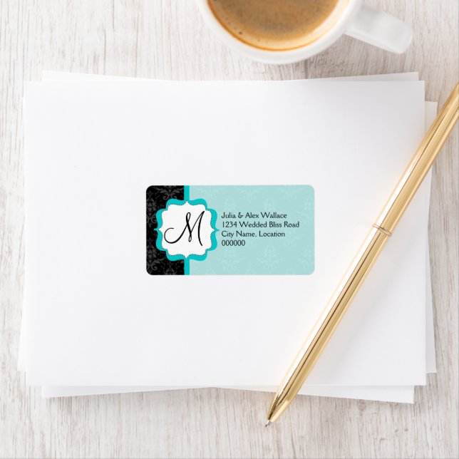 Elegant Monogram Turquoise Damask Adressaufkleber (Insitu)