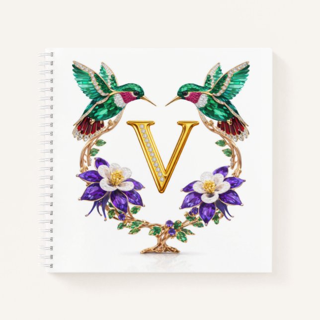 Elegant Monogram V Hummingbird Wedding Gift Notizbuch (Vorderseite)