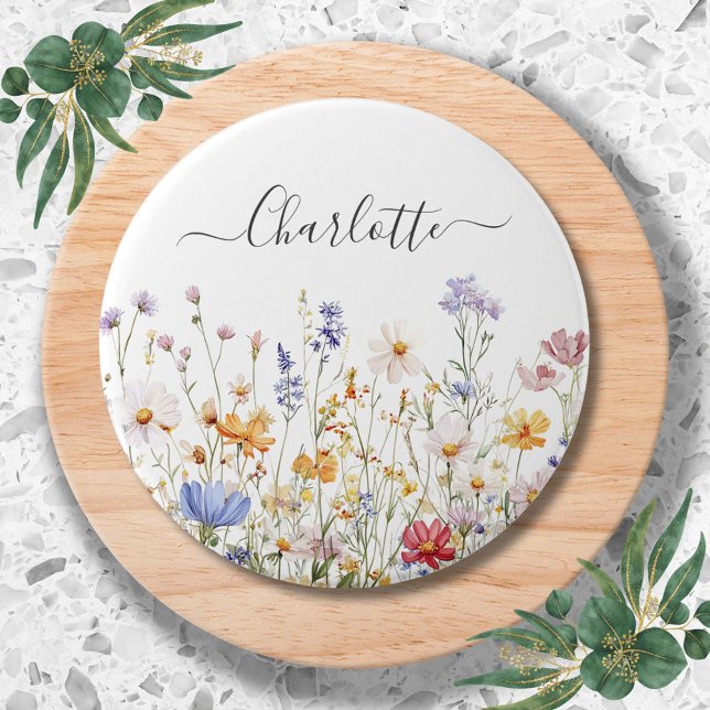 Elegant Monogram Watercolor Colorful Wildflower Button (In situ)