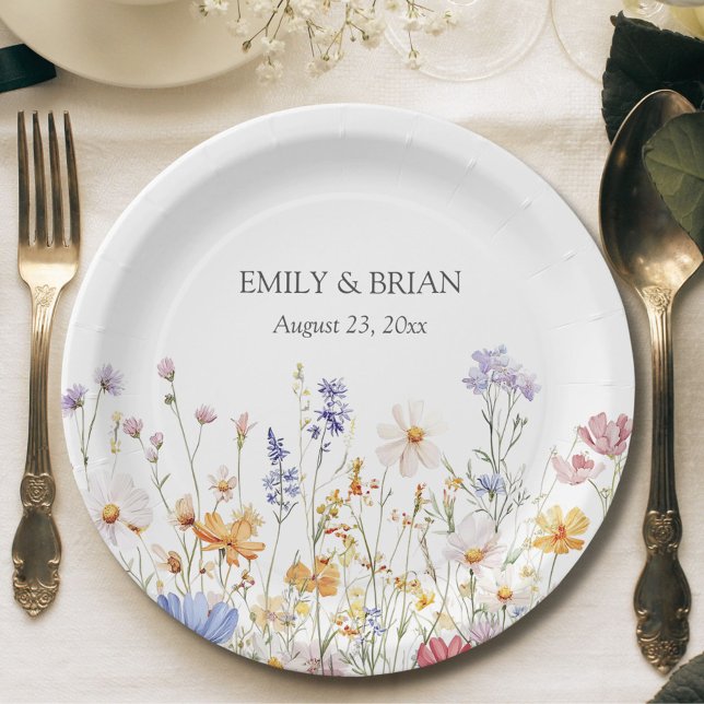 Elegant Monogram Watercolor Colorful Wildflower Pappteller (In situ)