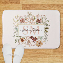 Elegant Monogram Watercolor Fall Wildflower Floral Badematte