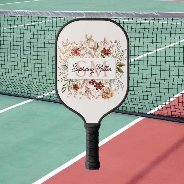 Elegant Monogram Watercolor Fall Wildflower Floral Pickleball Schläger (In situ)