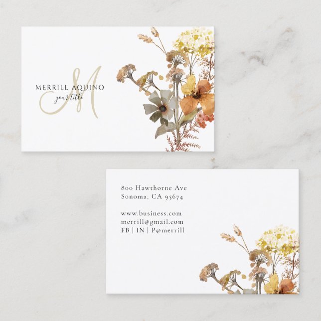 Elegant Monogram Watercolor Wildflowers Visitenkarte (Vorne/Hinten)