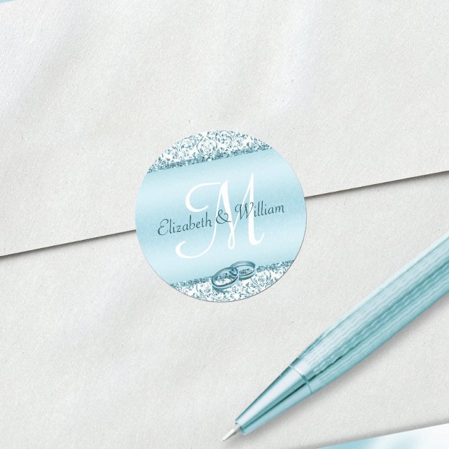 Elegant Monogram Wedding Blue Metallic Runder Aufkleber (Von Creator hochgeladen)