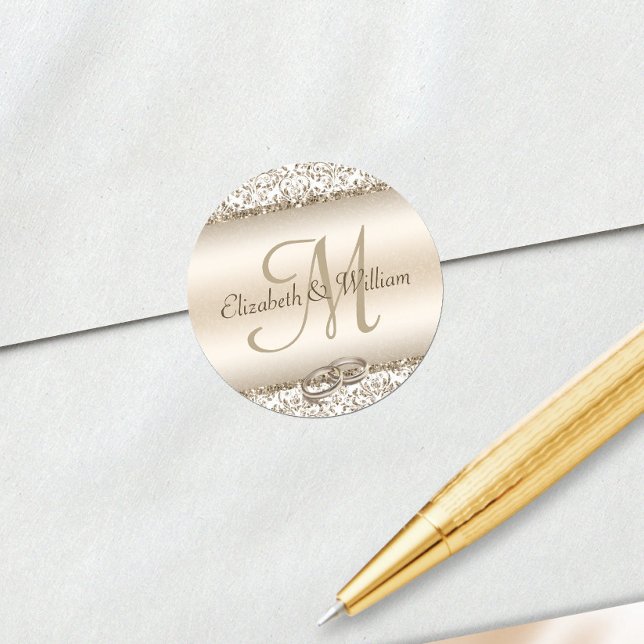 Elegant Monogram Wedding Champagne Metallic Runder Aufkleber (Von Creator hochgeladen)