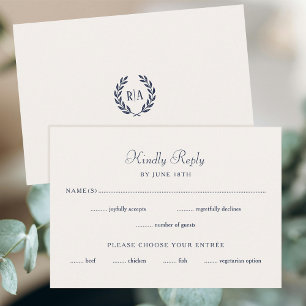 Elegant Monogram Wedding Reply Navy Blue RSVP Karte