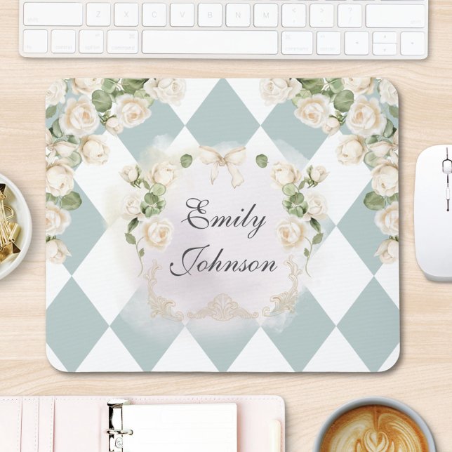 Elegant Monogram White Roses Green Leaves Diamond Mousepad (In situ)