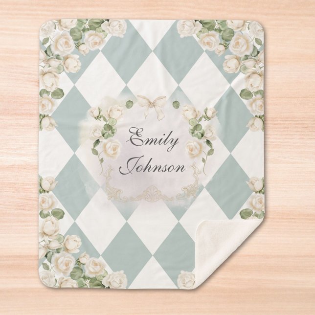 Elegant Monogram White Roses Green Leaves Diamond Sherpadecke (In situ)