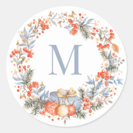 Elegant Monogram Wreath Dusty Blue Modern Runder Aufkleber
