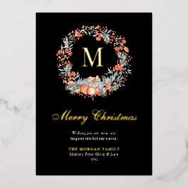 Elegant Monogram Wreath Modern Black Gold Folien Feiertagskarte