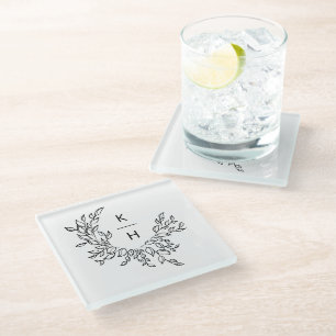 Elegant Monogram Wreath Wedding Couple Glasuntersetzer