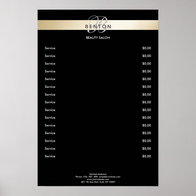 Elegant Monogramm Black Gold Pricelist Poster (Vorne)