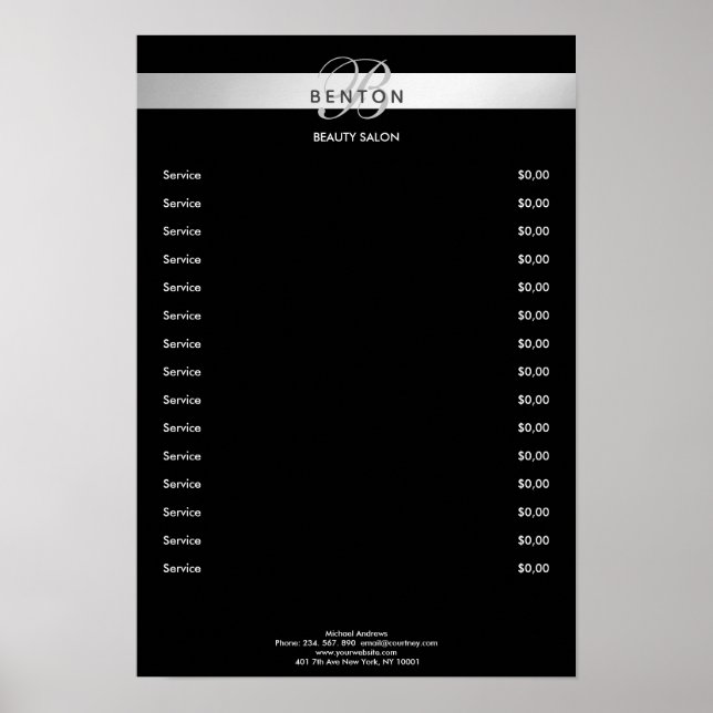 Elegant Monogramm Black Silver Pricelist Poster (Vorne)