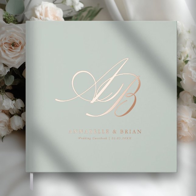Elegant, Monogramm, Hochzeit Gästebuch (Sage Green, Monogram, Scripted Font, Foil Wedding Guest Book. )