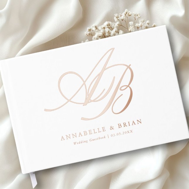 Elegant, Monogramm, Hochzeit Gästebuch (Personalized Minimalist Script Font Monogram | Elegant Foil Wedding Guest Book.)